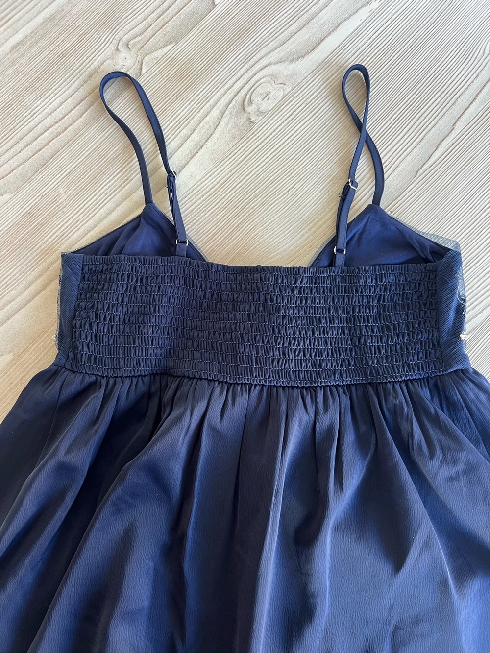 Navy Embroidered Satin Chemise with Adjustable Spaghetti Straps - Picture 6 of 9